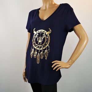 No Boundaries Shirt Longhorn Print Blue Gold Stretch V Neck Women Sz XL 15 -17